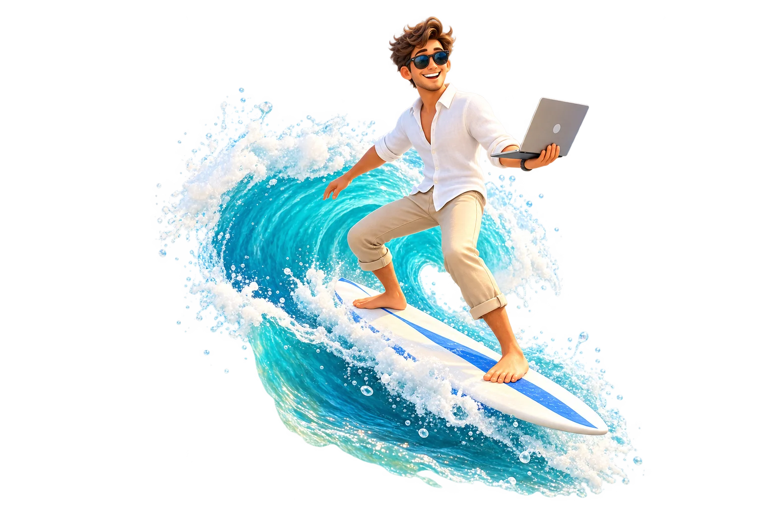 A relaxed professional in sunglasses riding a wave on a surfboard while holding a laptop