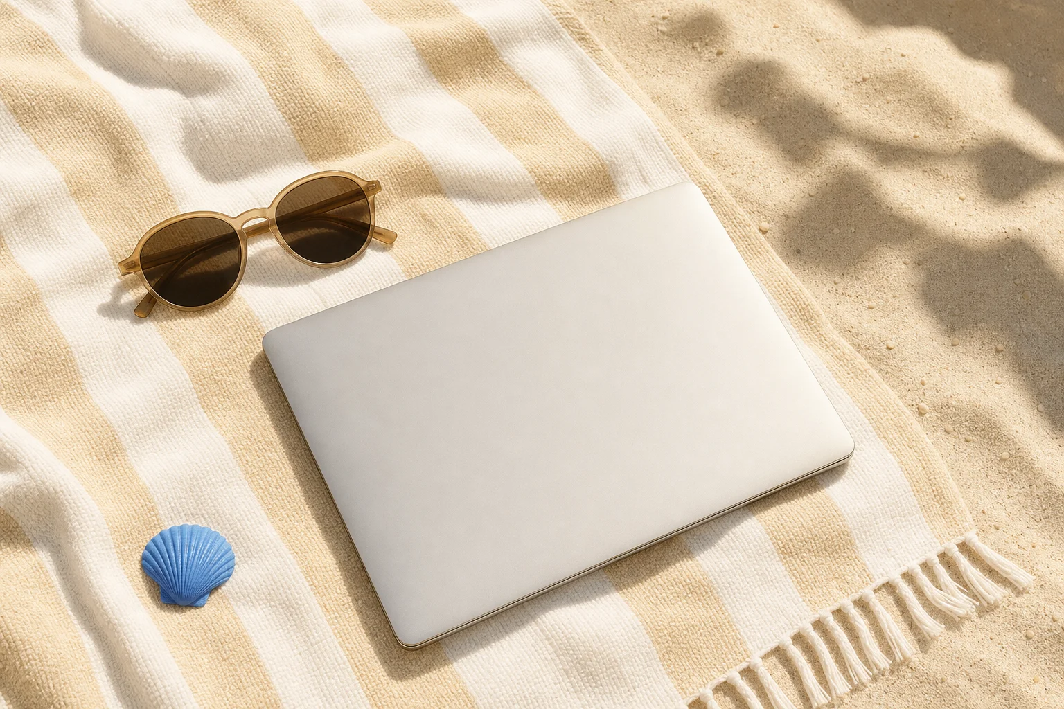 Sunglasses and a closed laptop on a beach towel